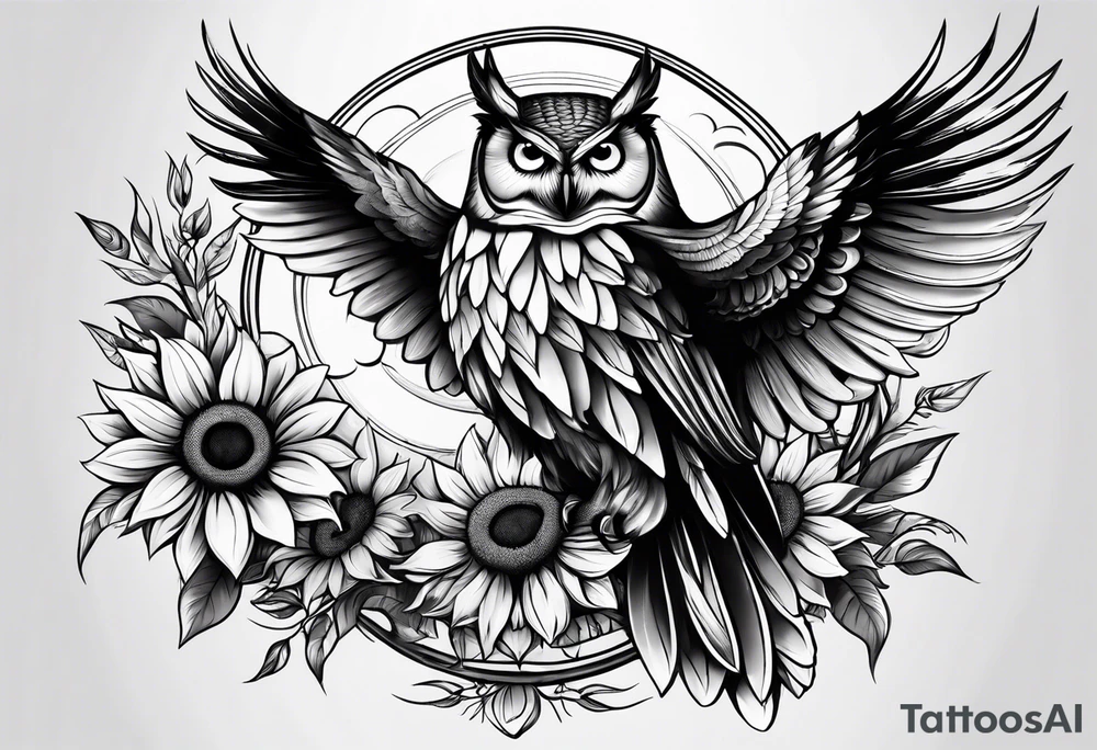 Owl with sunflower body and angel wings tattoo idea
