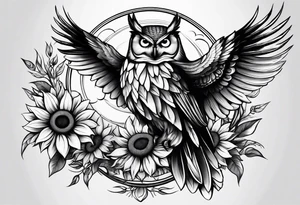 Owl with sunflower body and angel wings tattoo idea