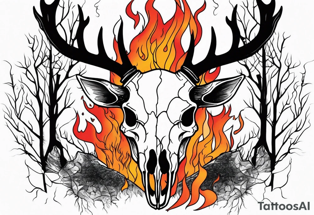 Halloween side profile of a DECAYING deer skull JUST BONE surrounded by a flames and trees in background tattoo idea