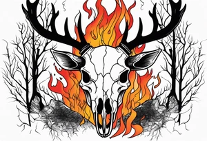 Halloween side profile of a DECAYING deer skull JUST BONE surrounded by a flames and trees in background tattoo idea
