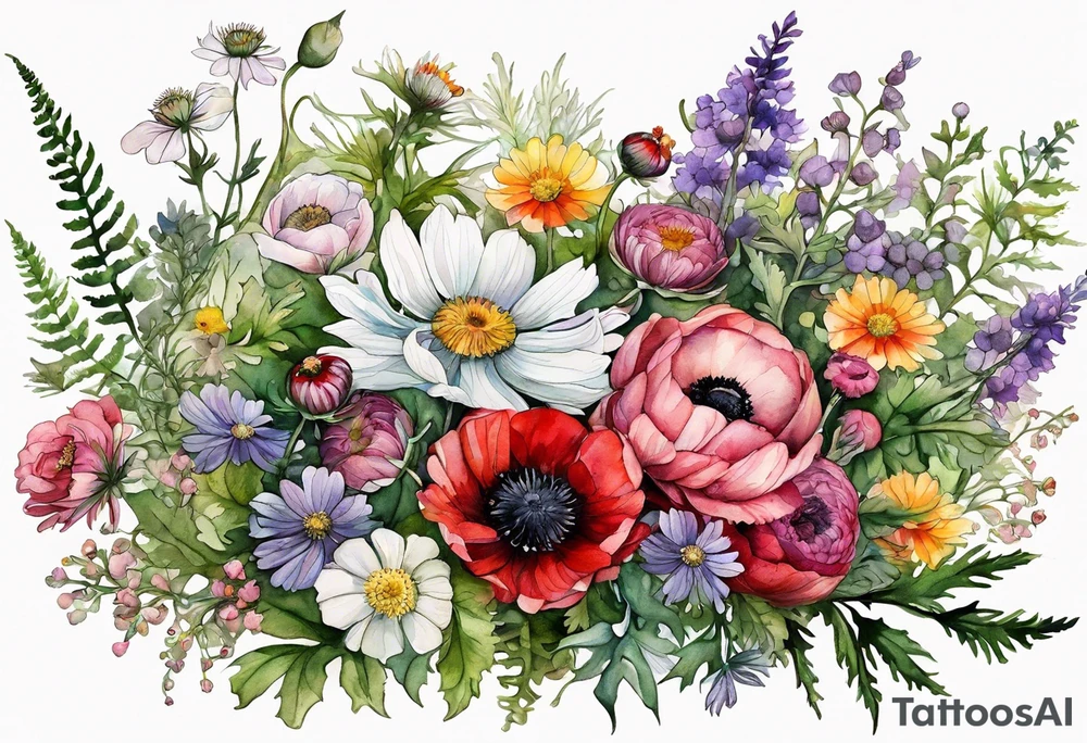 wildflowers with thistles, ferns, ranuculus, white anemones with black center, sun flowers, red flowers, pink flowers, purple flowers, buttercups, babys breath, daisies, and greenery all in watercolor tattoo idea
