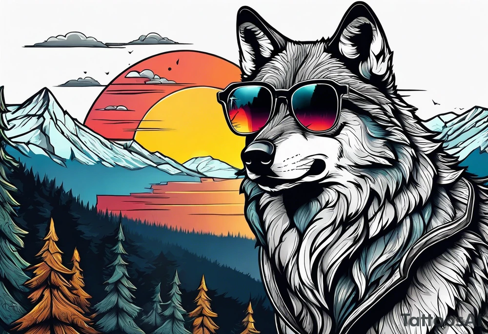 Badass wolf wearing sunglasses
Dark woods
Mountains
Sunset tattoo idea