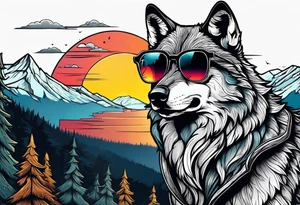 Badass wolf wearing sunglasses
Dark woods
Mountains
Sunset tattoo idea