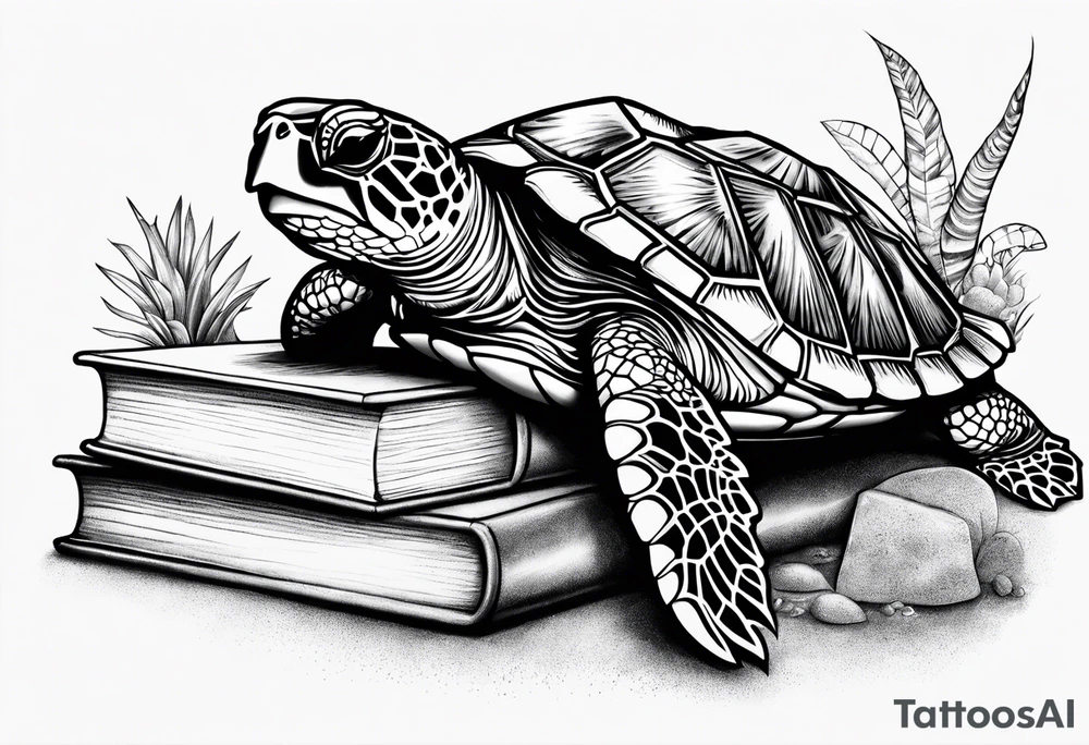 sea turtle, beach, books tattoo idea