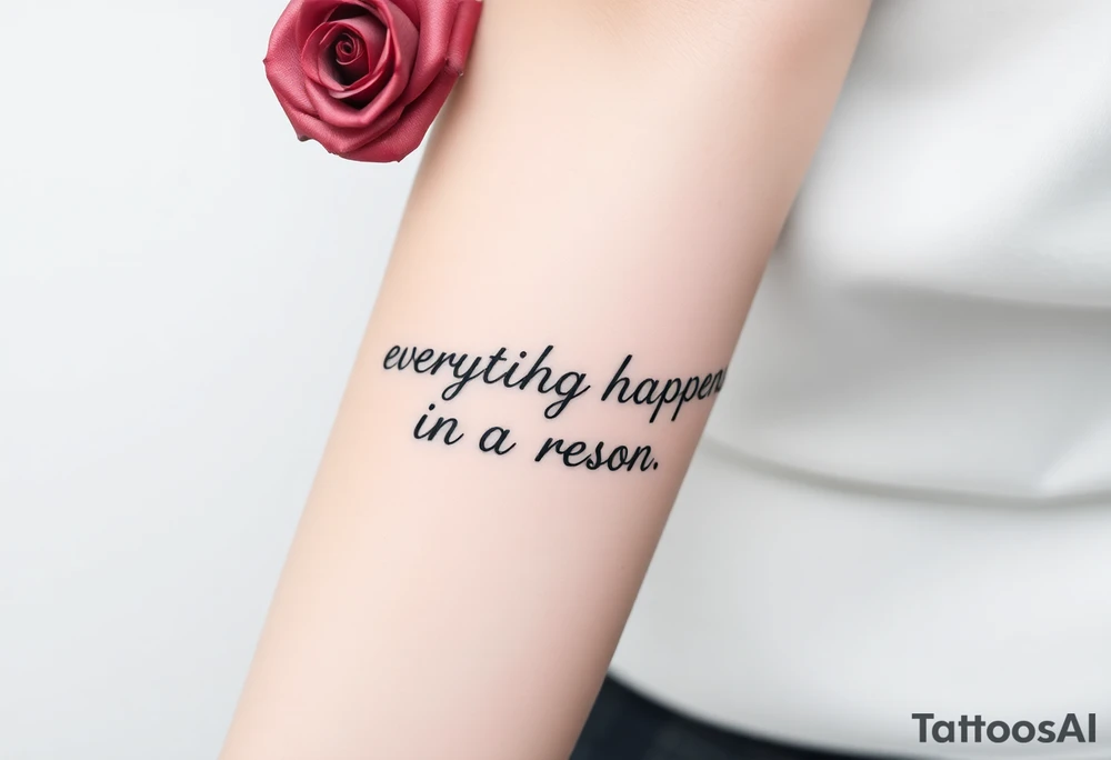 inscription "everything happens for a reason" ,vertical position, on the forearm and with a rose overhead. tattoo idea