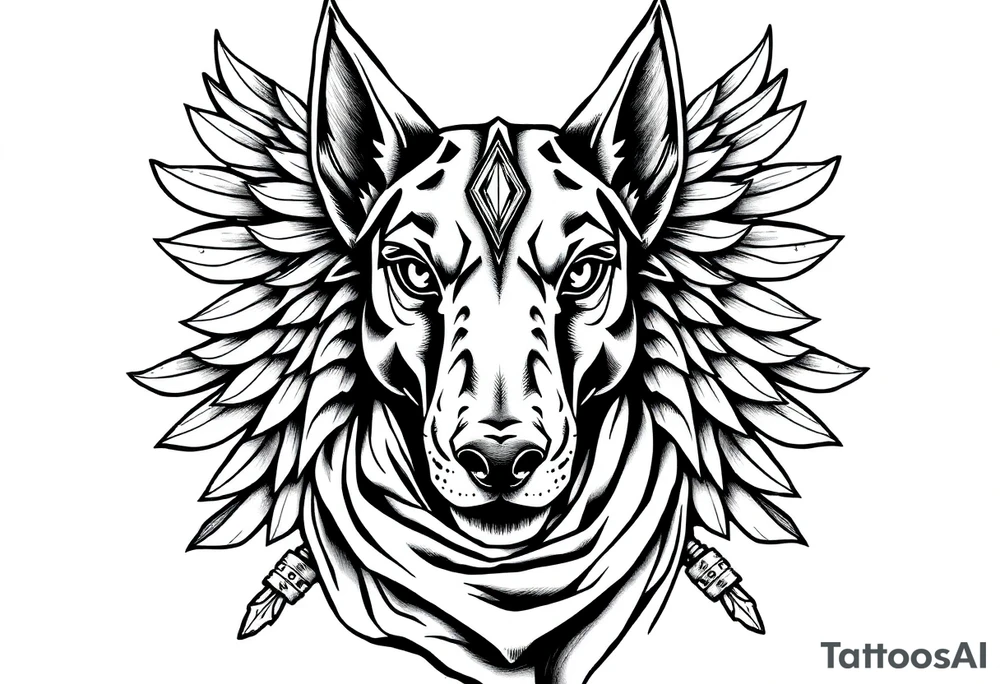 Egyptian Anubis god face muscle in Egypt style  with scarf
dog face surrounded Egyptian symbols based on elements tattoo idea