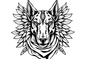 Egyptian Anubis god face muscle in Egypt style  with scarf
dog face surrounded Egyptian symbols based on elements tattoo idea