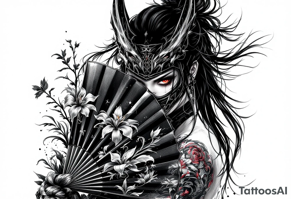 Woman samurai with red eyes wearing an half and broken kitsune mask, holding a japanese fan with Iris flowers tattoo idea
