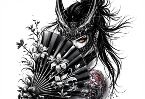 Woman samurai with red eyes wearing an half and broken kitsune mask, holding a japanese fan with Iris flowers tattoo idea