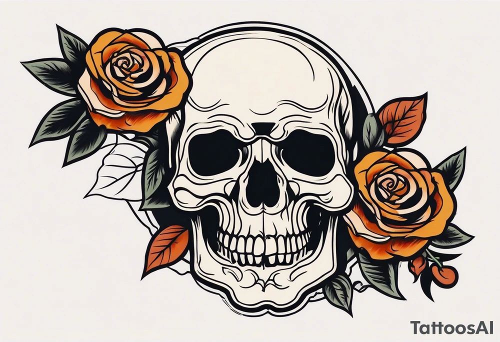 Old School Knee tattoo in fall colors showing a skull with a rose tattoo idea