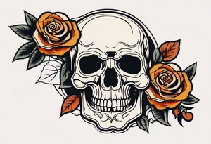 Old School Knee tattoo in fall colors showing a skull with a rose tattoo idea