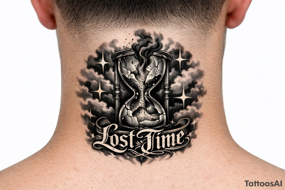 front of neck Black and grey realism tattoo design of a cracked, shattered hourglass centered in dark heavy clouds. Sand and dark smoke floating upward out of the glass. Custom gothic script lettering that says "Lost Time" wrapped around the base. Chicano style shading, deep blackwork background, sharp 4-point sparkle stars, high contrast, clean white background, tattoo stencil style tattoo idea