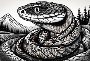 black and white drawing of a snake head with copper eyes an open mouth with mountain bike tire tread for body tattoo idea