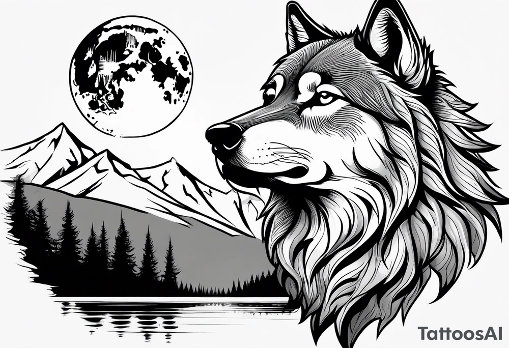 Wolf head in front of snowy mountains howling at a moon tattoo idea