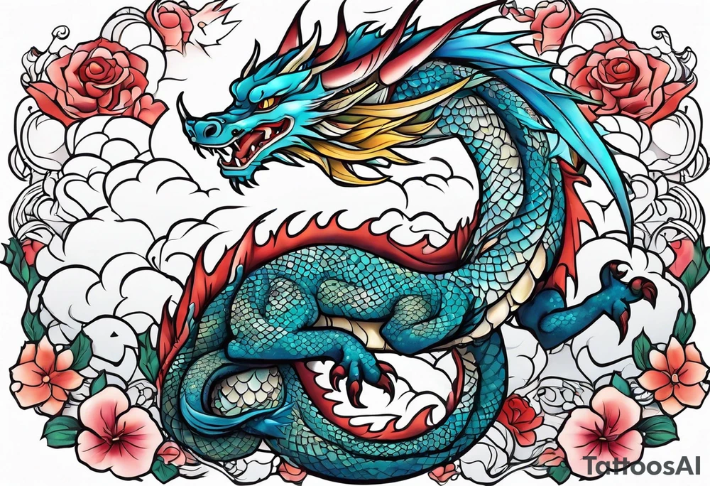 Japanese female Dragon cute, celestial, cross tattoo idea