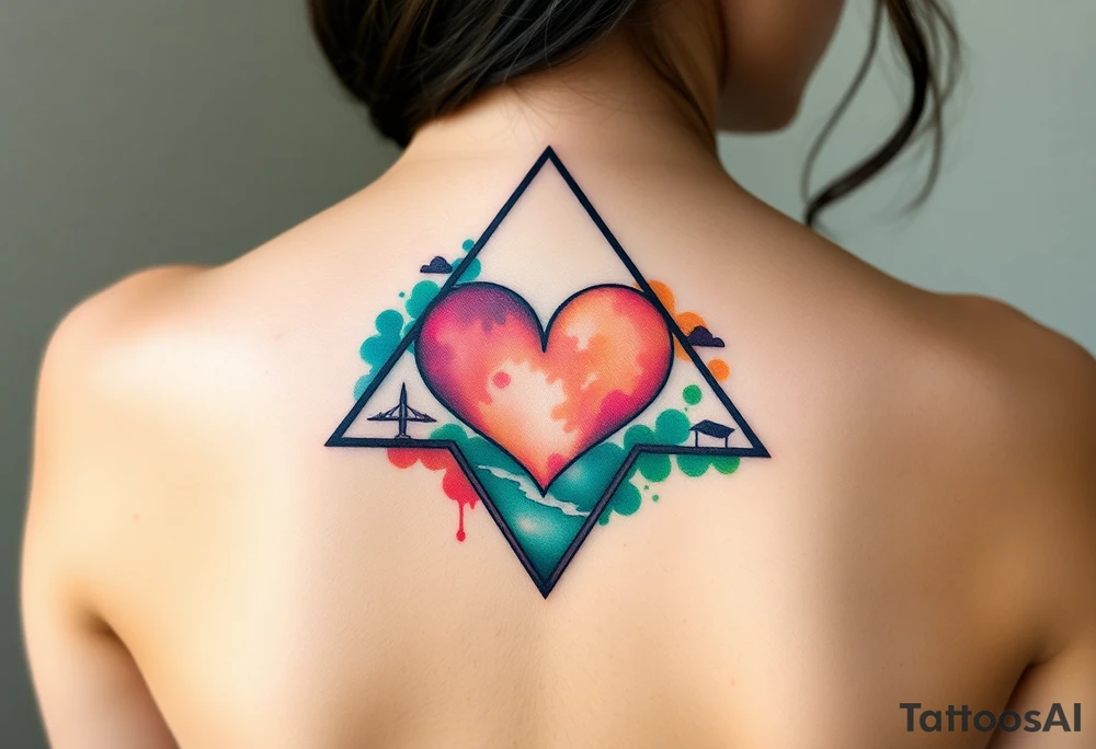 A triangle with a big heart in the center with a travel theme tattoo idea