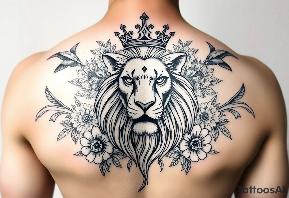 powerful majestic lion with a crown, surrounded by floral ornaments and birds tattoo idea