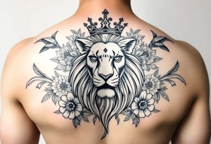 powerful majestic lion with a crown, surrounded by floral ornaments and birds tattoo idea