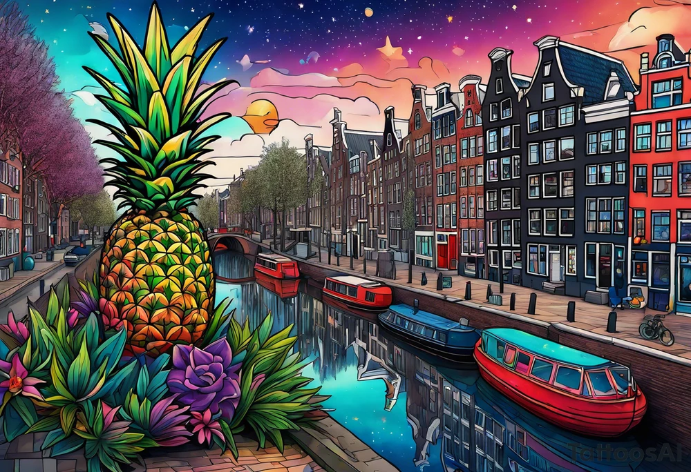 glass animals featuring colours of the universe and galaxies and pineapples in amsterdam city featuring Amsterdam buildings and canal tattoo idea