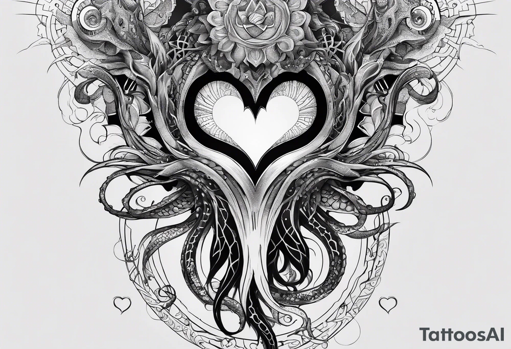 Long tattoo for forearm. Lovecraftian creature, with technological elements. Tentacles protect a heart. tattoo idea