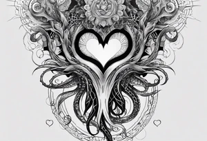 Long tattoo for forearm. Lovecraftian creature, with technological elements. Tentacles protect a heart. tattoo idea