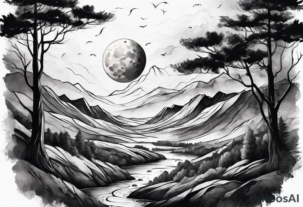 moon landscape with fade around edges tattoo idea