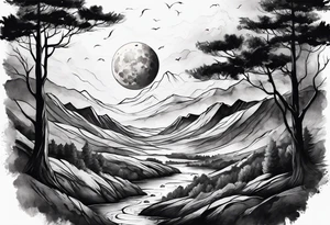 moon landscape with fade around edges tattoo idea