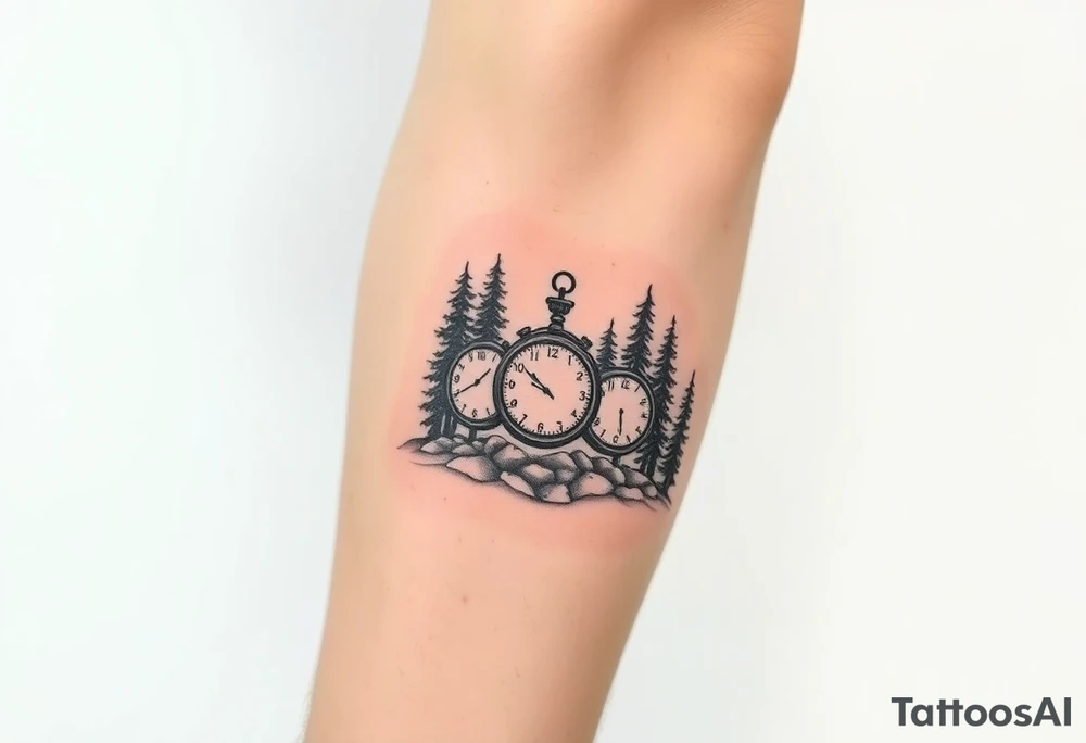 Forest landscape with three clocks with dates tattoo idea