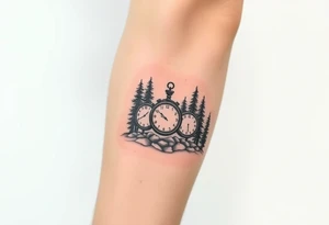 Forest landscape with three clocks with dates tattoo idea