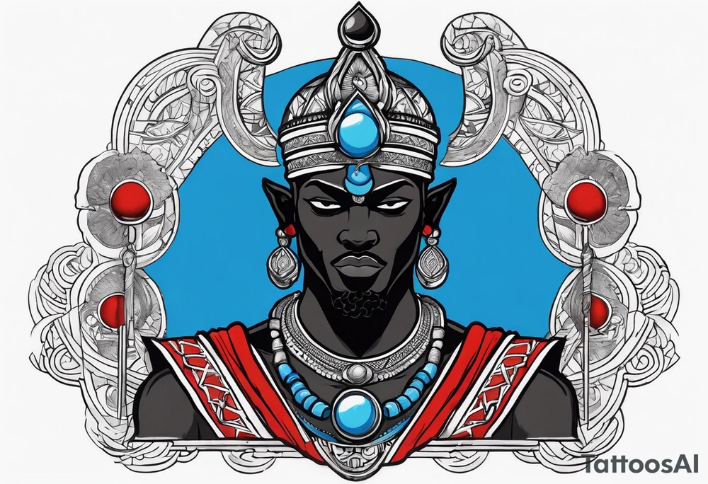 Black-skinned african god of war with a small silver crown, no armor, and two ball necklaces: one blue, other red tattoo idea