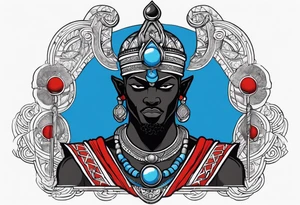Black-skinned african god of war with a small silver crown, no armor, and two ball necklaces: one blue, other red tattoo idea