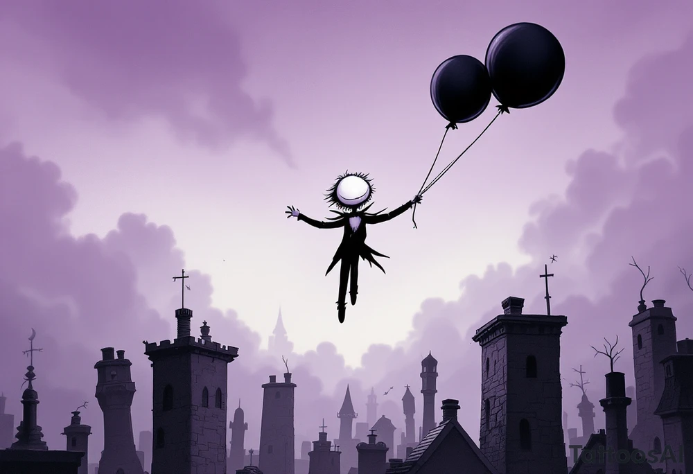 Tim Burton’s pale-faced child floats with black balloons above crooked chimneys under a smoky lavender sky. tattoo idea