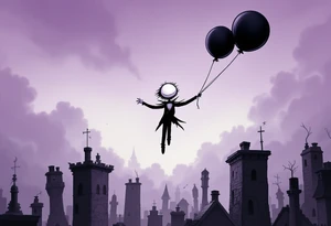 Tim Burton’s pale-faced child floats with black balloons above crooked chimneys under a smoky lavender sky. tattoo idea