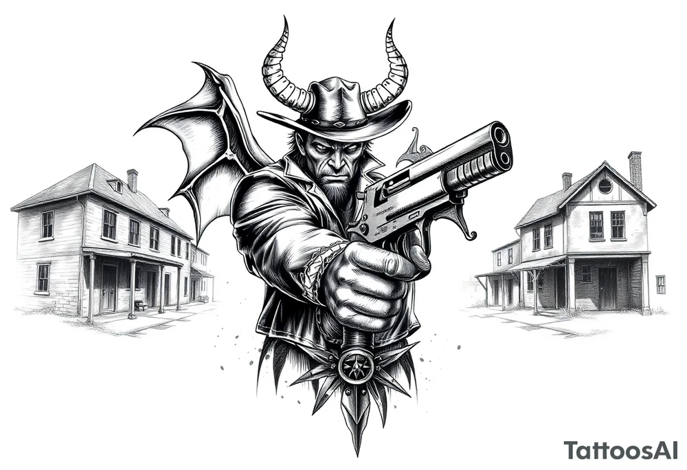 a demon in cowboy,a gun in a hand,old buildings in the background. tattoo idea