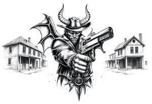 a demon in cowboy,a gun in a hand,old buildings in the background. tattoo idea