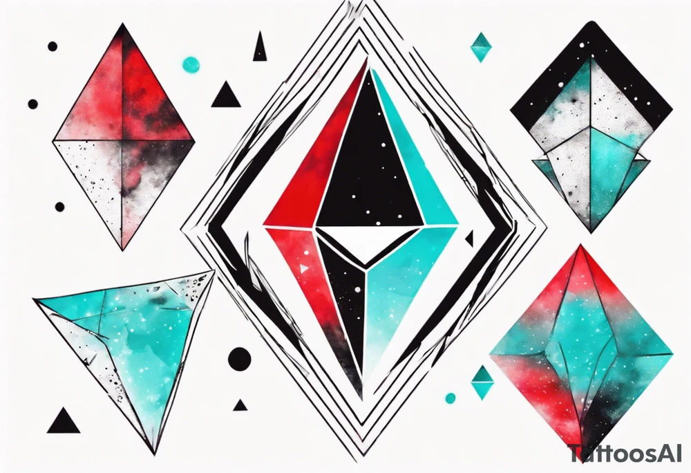 Geometric ethereum space single image, abstract art, red and cyan, pigment acquarel color tattoo idea