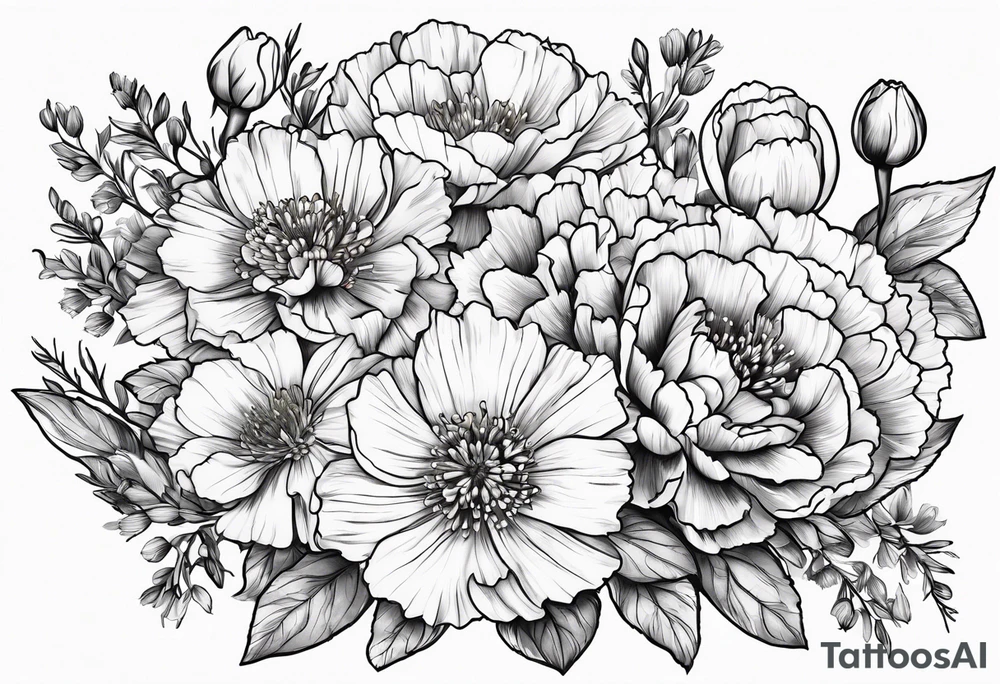 Carnations, aster, daffodil, poppy, hawthorn, water Lilly tattoo idea