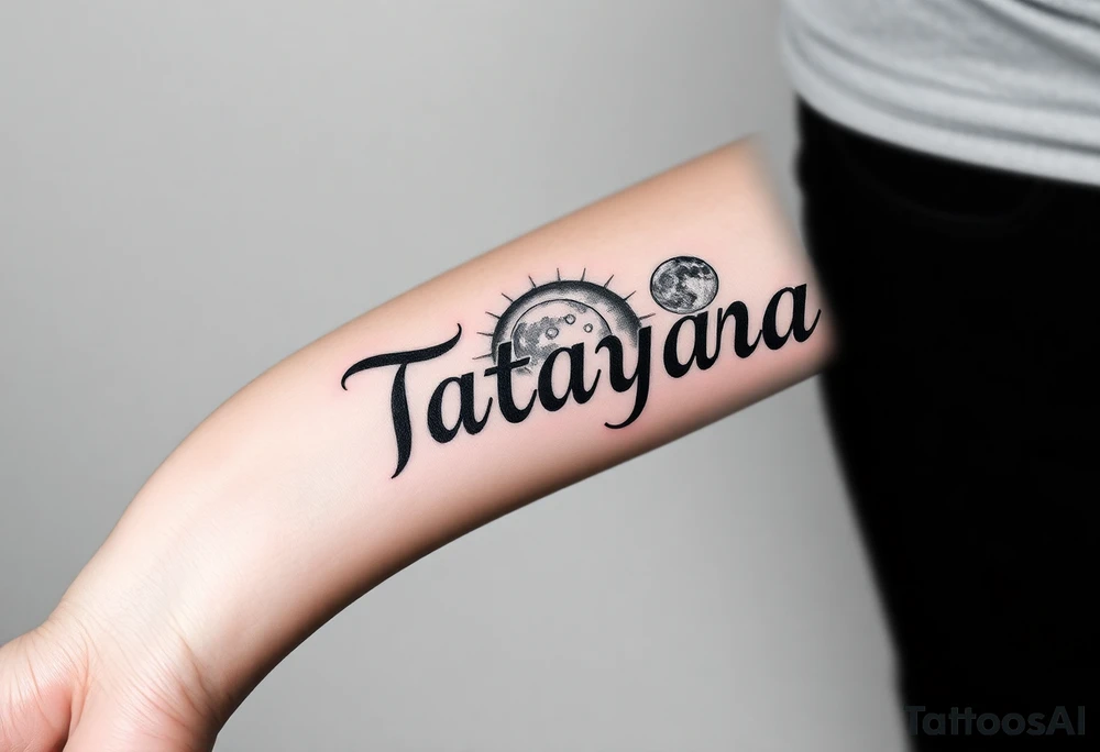 Forearm tattoo for a man using the name “Tatayana” Starting from the wrist, stretching to the elbow with the sun and moon Incorporated tattoo idea