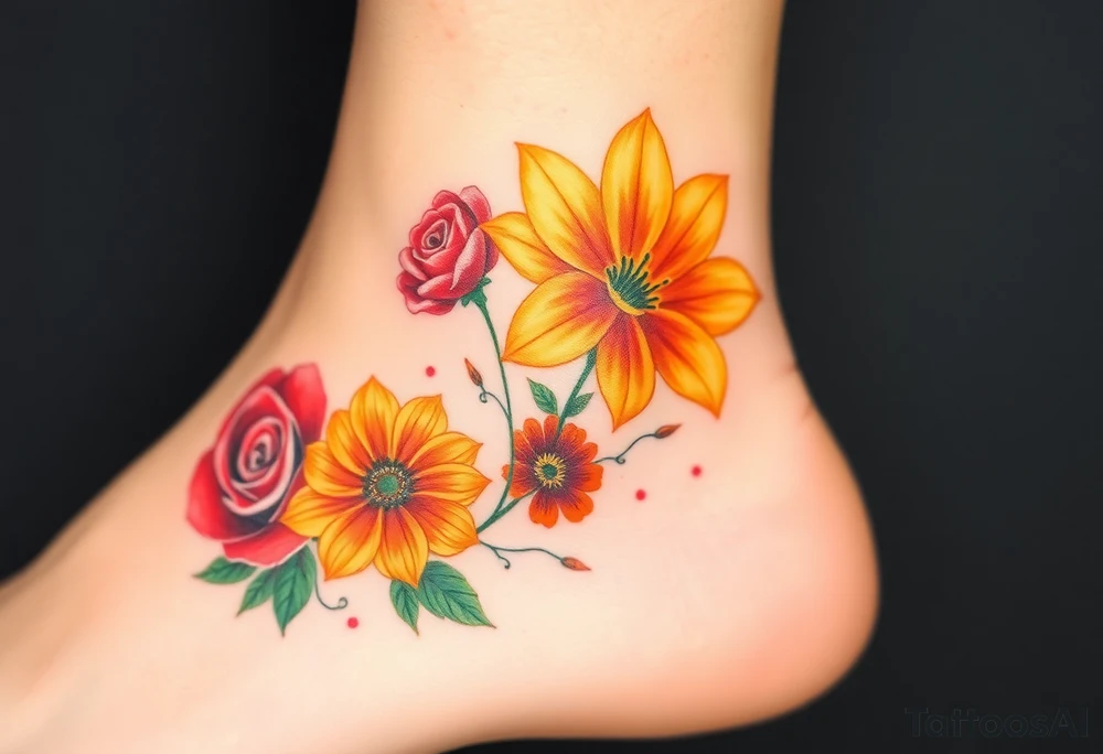 a colorful, vibrant, watercolor tattoo with one red rose, one orange lily, one gold marigold, and one orange cosmos flower and with splashes of color tattoo idea