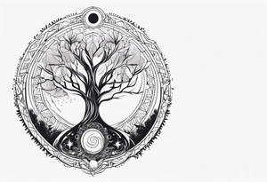 spiritual feminine tattoo for sleeve without faces, just sun and moon, tree of life and powerful symbols tattoo idea