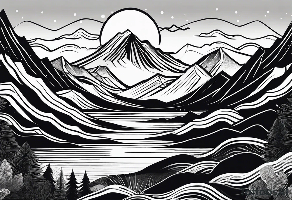 straight line -  represents overcoming challenges & strength - mountains, waves with a little sunshine tattoo idea