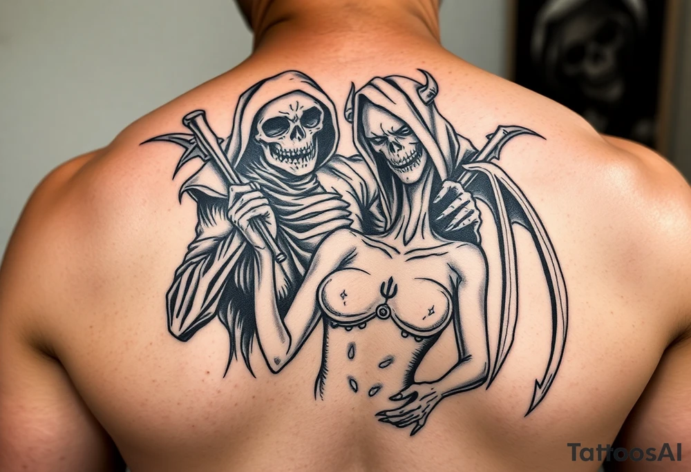 Grim reaper protecting female demon tattoo idea
