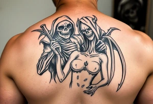 Grim reaper protecting female demon tattoo idea