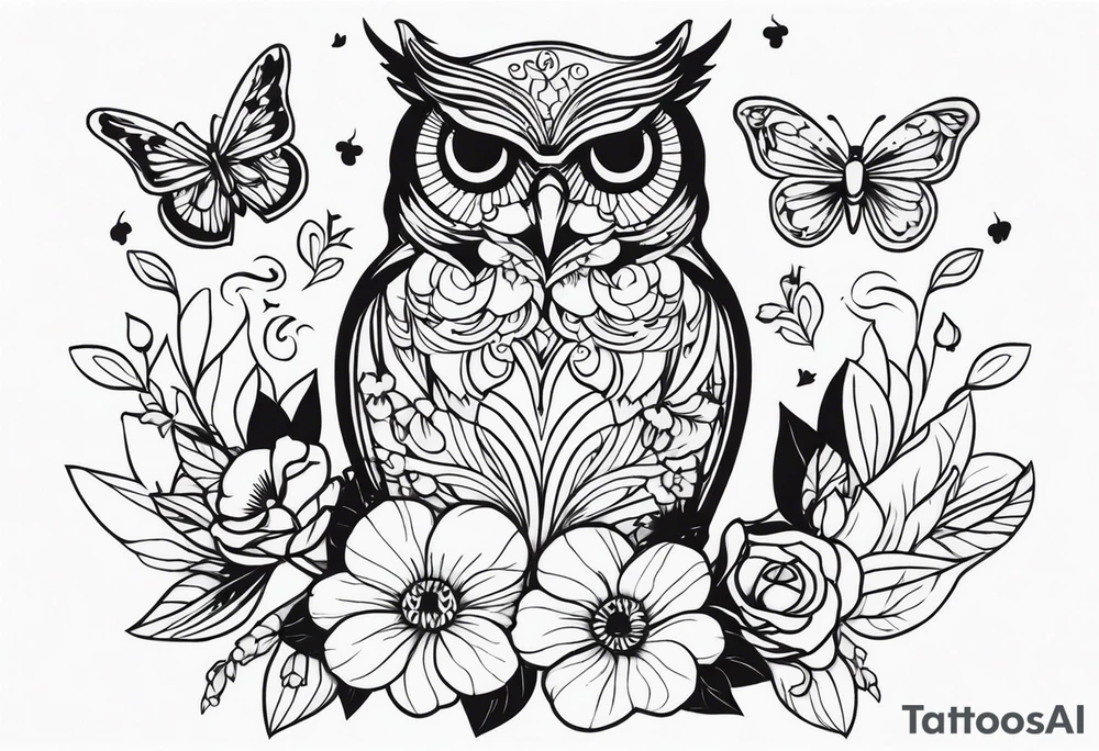 Flowers with butterflies and a owl tattoo idea