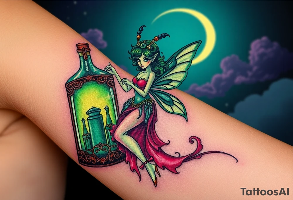 Tim Burton’s kelly doty pin up style Vintage Parisian elegant and hauntingly beautiful yet eerie full body absinthe Green Fairy dances outside her victorian crystal decatur she was once inside this elaborate ornate bottle absinthe bottle Absinthe Art Nouveau   and dripping with muted reds, dusty pinks, and eerie green glow.purple and cyan smokey clouds swirl in the crescent moonlit sky thats sprinkled with stars tattoo idea
