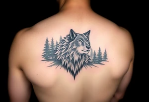 Wolf with forest in the background on the arm tattoo idea