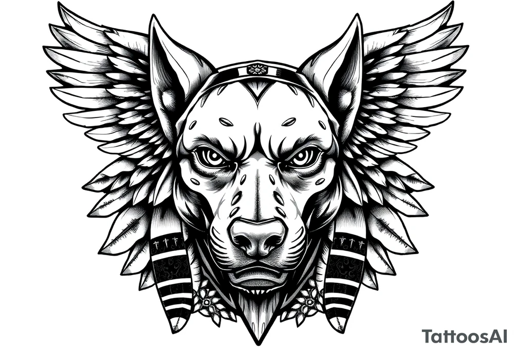 Egyptian Anubis god face muscle in Egypt style  with mantle on head with empty eyes 

dog face surrounded Egyptian symbols based on elements tattoo idea