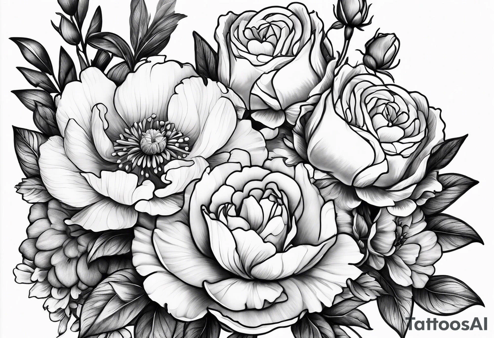 Snapdragon, peonies, and roses mixed together tattoo idea