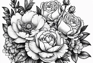 Snapdragon, peonies, and roses mixed together tattoo idea