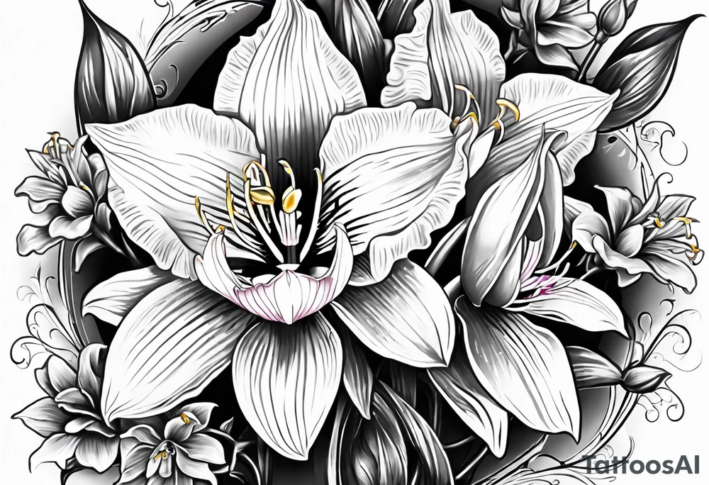 One Cymbidium orchid in the middle with a rose on each side tattoo idea One Cymbidium orchid in the middle with a rose on each side tattoo idea